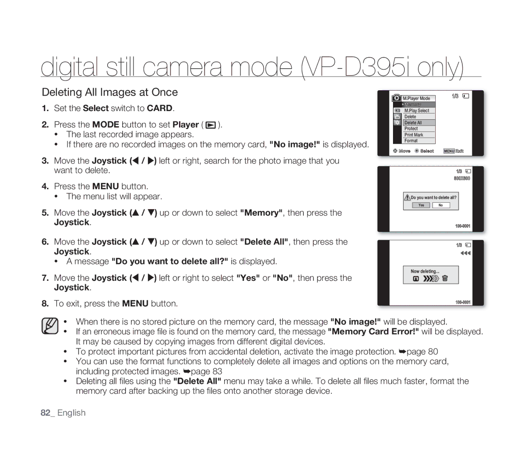 Samsung VP-D391I/MEA, VP-D391/XEF, VP-D391/EDC Deleting All Images at Once, Message Do you want to delete all? is displayed 