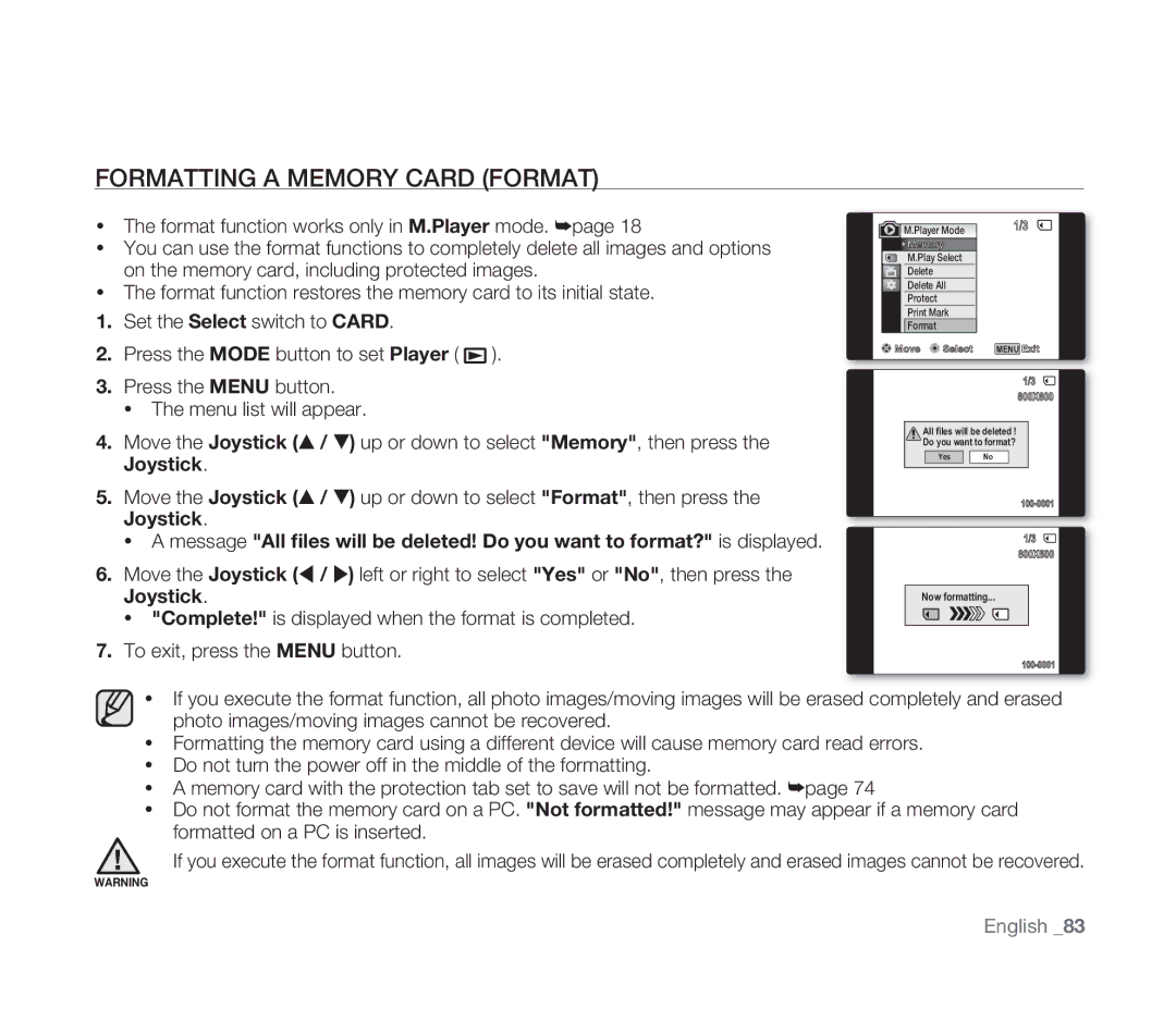 Samsung VP-D391I/XER, VP-D391/XEF, VP-D391/EDC, VP-D391I/MEA manual Formatting a Memory Card Format 