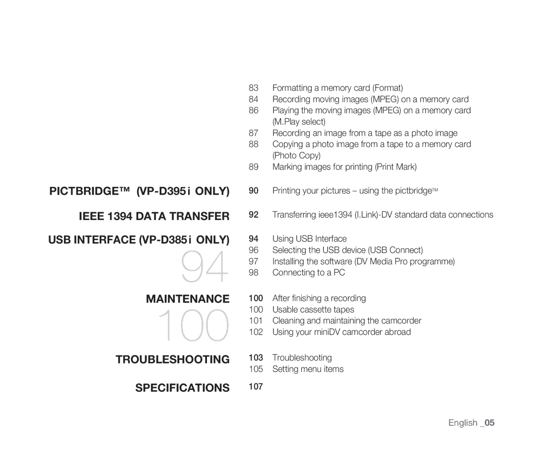 Samsung VP-D391/EDC, VP-D391/XEF, VP-D391I/MEA, VP-D391I/XER manual 100 