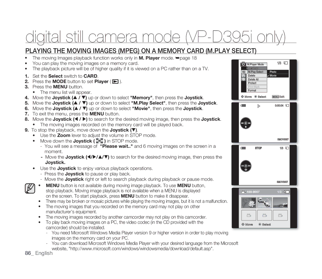 Samsung VP-D391I/MEA, VP-D391/XEF, VP-D391/EDC, VP-D391I/XER manual Joystick 