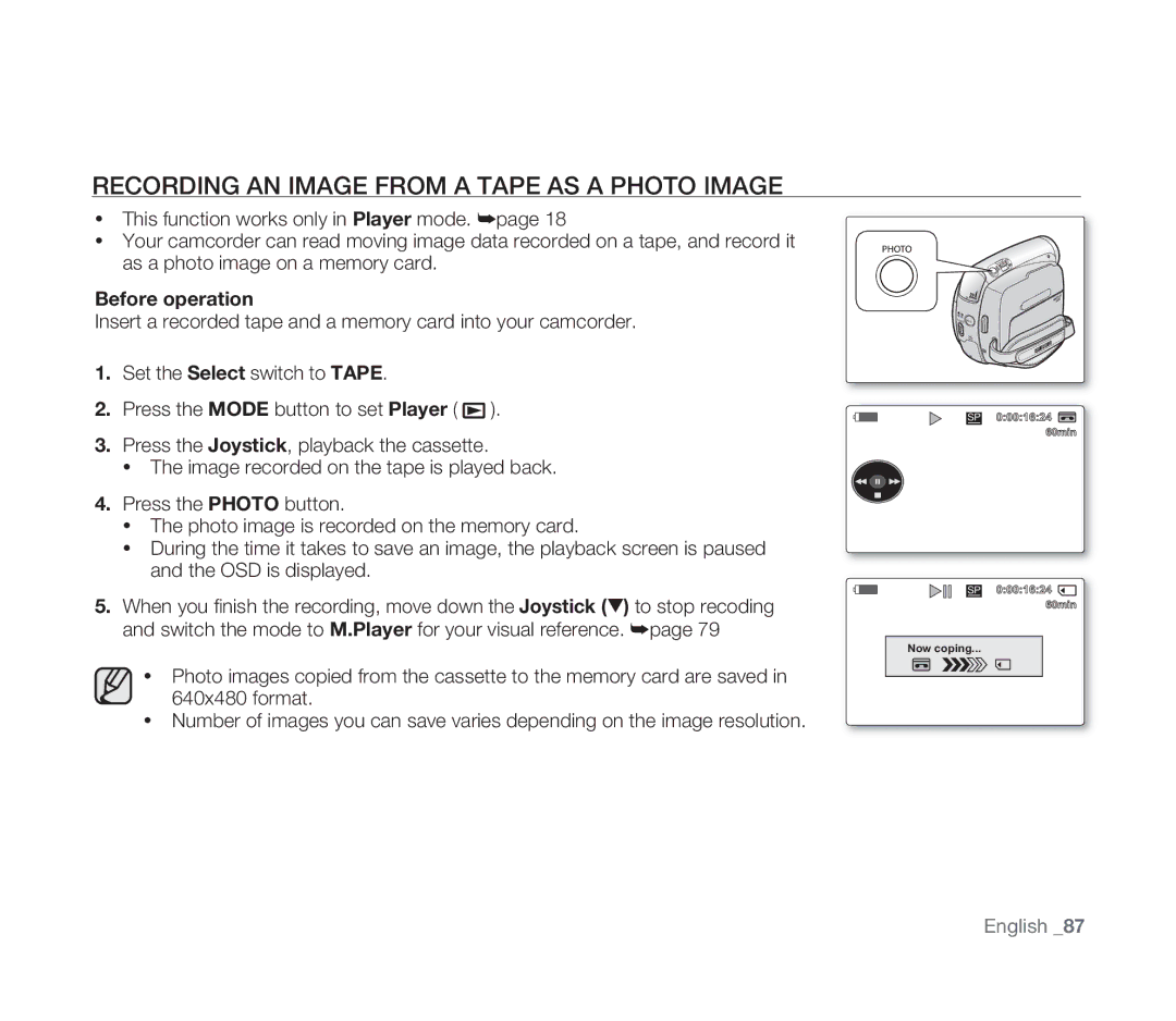 Samsung VP-D391I/XER, VP-D391/XEF, VP-D391/EDC manual Recording AN Image from a Tape AS a Photo Image, Before operation 