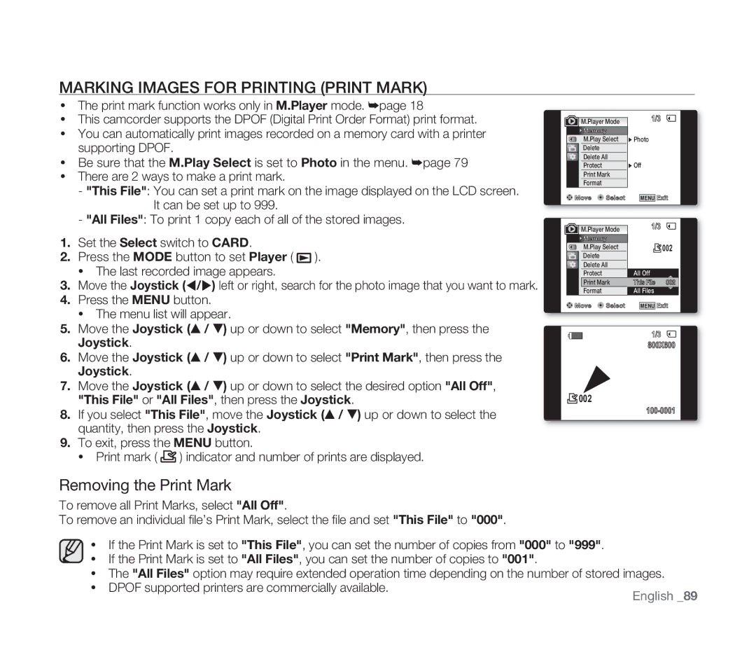 Samsung VP-D391/EDC, VP-D391/XEF, VP-D391I/MEA, VP-D391I/XER Marking Images for Printing Print Mark, Removing the Print Mark 