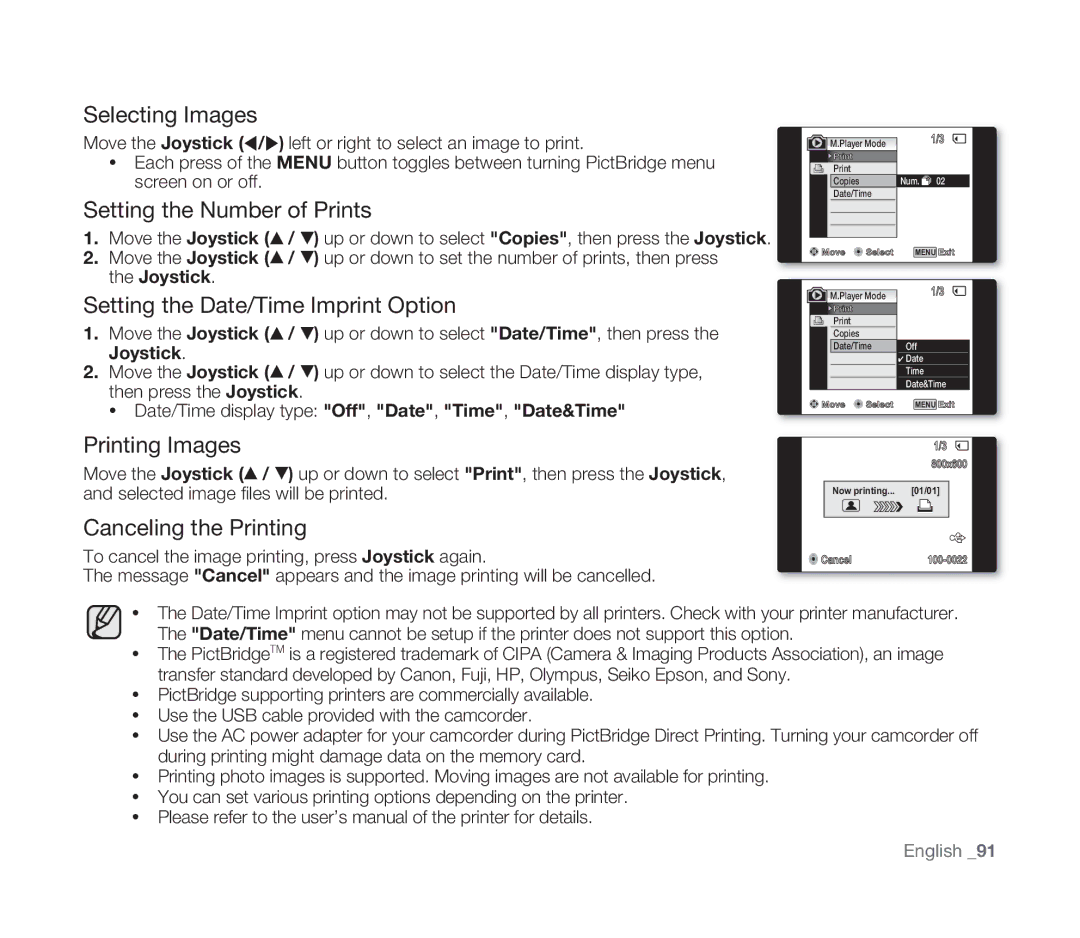 Samsung VP-D391I/XER Selecting Images, Setting the Number of Prints, Setting the Date/Time Imprint Option, Printing Images 