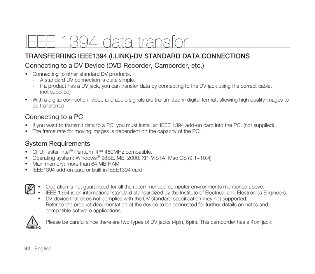 Samsung VP-D391/XEF Ieee 1394 data transfer, Transferring IEEE1394 I.LINK-DV Standard Data Connections, Connecting to a PC 