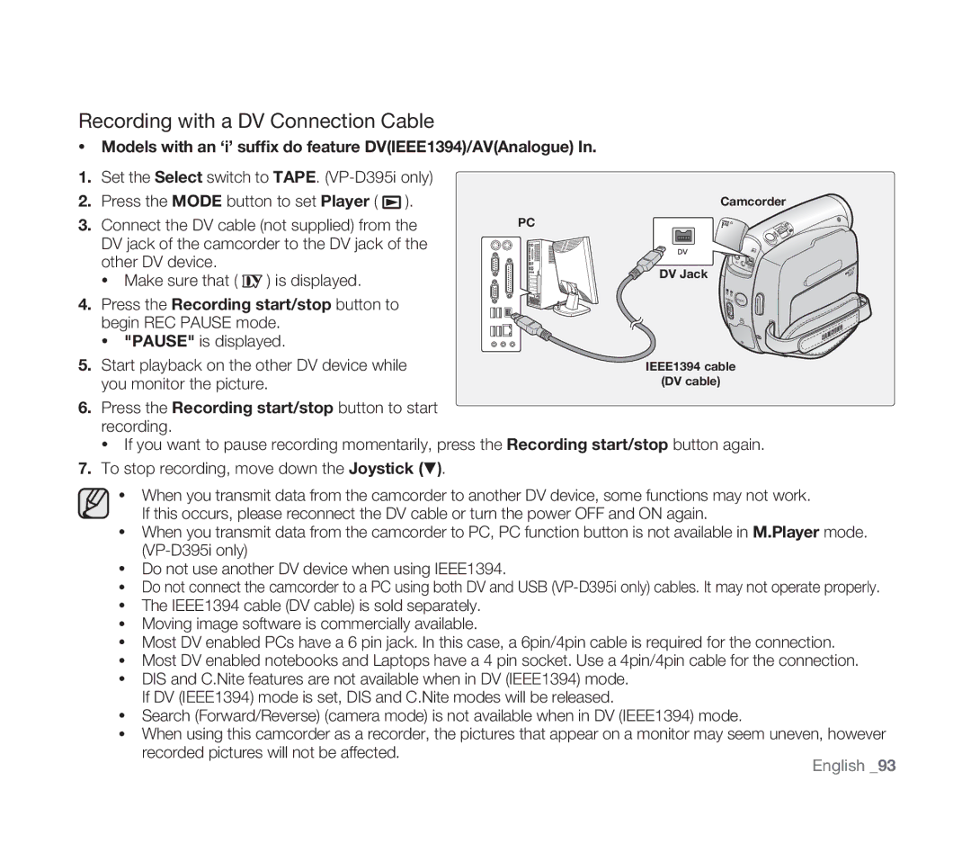 Samsung VP-D391/EDC manual Recording with a DV Connection Cable, Models with an ‘i’ sufﬁx do feature DVIEEE1394/AVAnalogue 