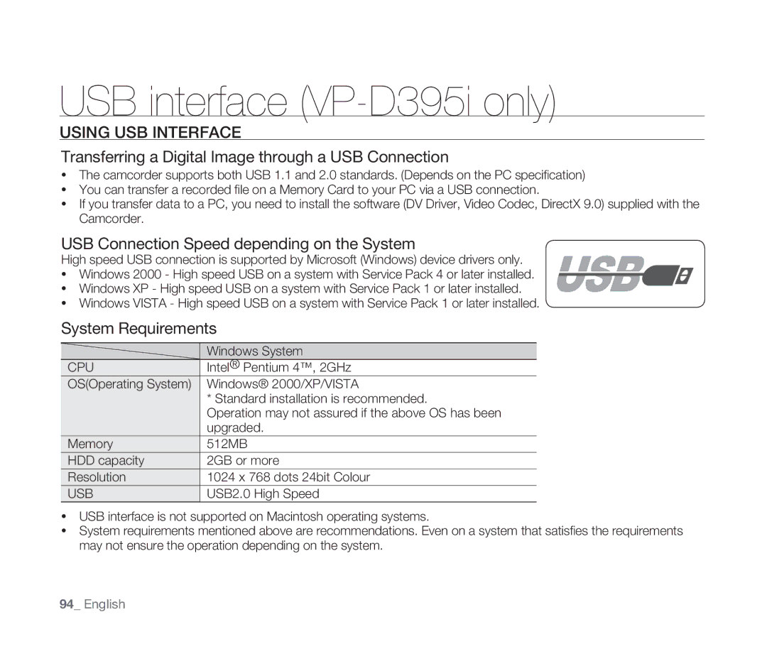 Samsung VP-D391I/MEA manual USB interface VP-D395i only, Using USB Interface, USB Connection Speed depending on the System 