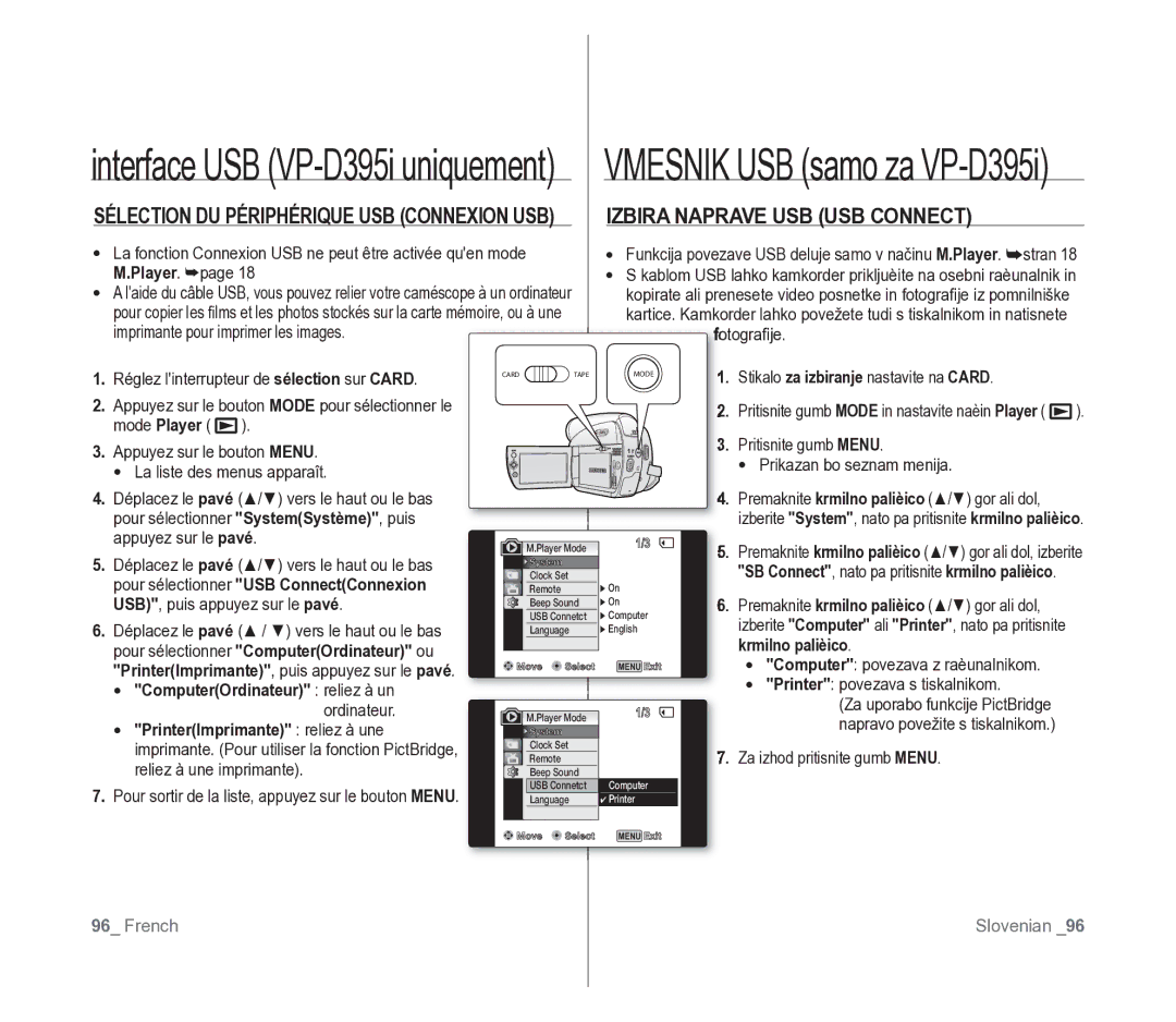 Samsung VP-D391/XEF, VP-D391/EDC manual Izbira Naprave USB USB Connect, Sélection DU Périphérique USB Connexion USB 