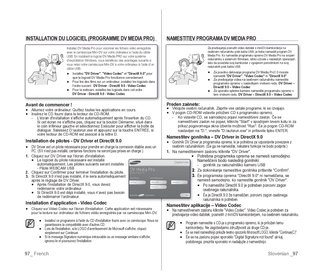 Samsung VP-D391/EDC, VP-D391/XEF manual Namestitev Programa DV Media PRO, Installation DU Logiciel Programme DV Media PRO 