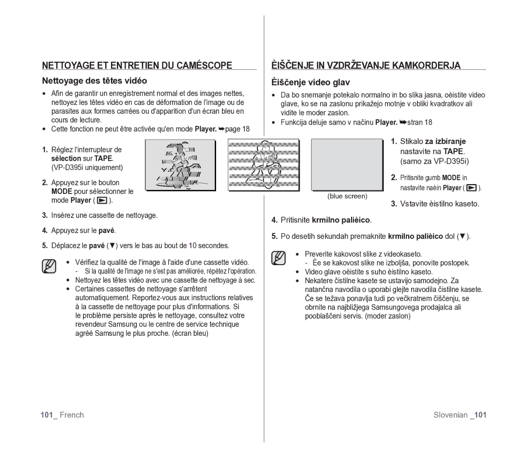 Samsung VP-D391/EDC Nettoyage ET Entretien DU Caméscope, Èiščenje in Vzdrževanje Kamkorderja, Nettoyage des têtes vidéo 