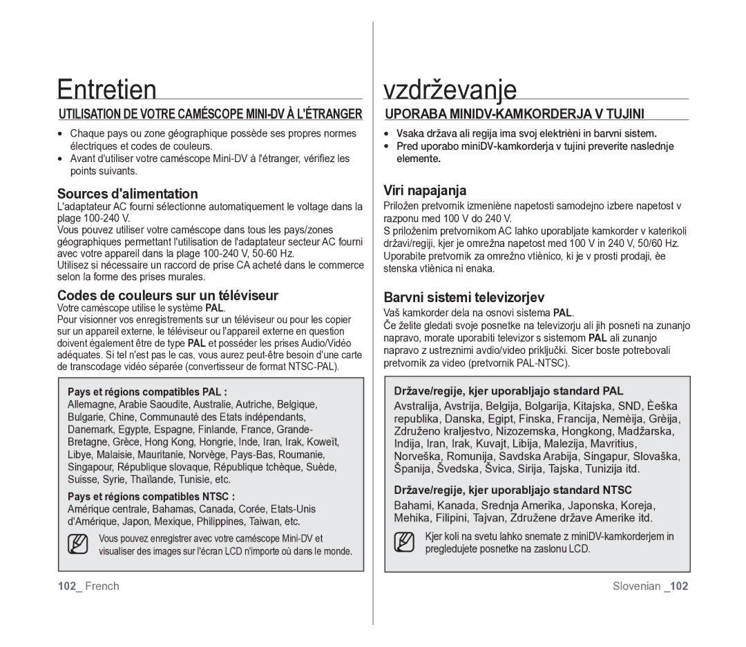 Samsung VP-D391/XEF manual Sources dalimentation, Codes de couleurs sur un téléviseur, Uporaba MINIDV-KAMKORDERJA V Tujini 