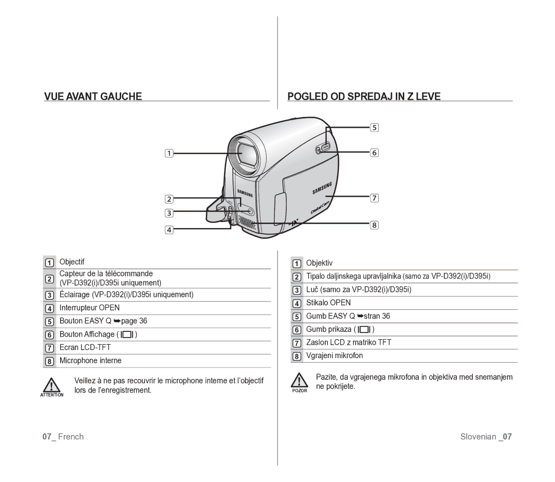 Samsung VP-D391/EDC, VP-D391/XEF manual VUE Avant Gauche Pogled OD Spredaj in Z Leve 