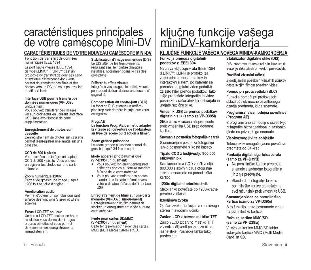 Samsung VP-D391/XEF manual Ključne funkcije vašega miniDV-kamkorderja, Ključne Funkcije Vašega Novega MINIDV-KAMKORDERJA 