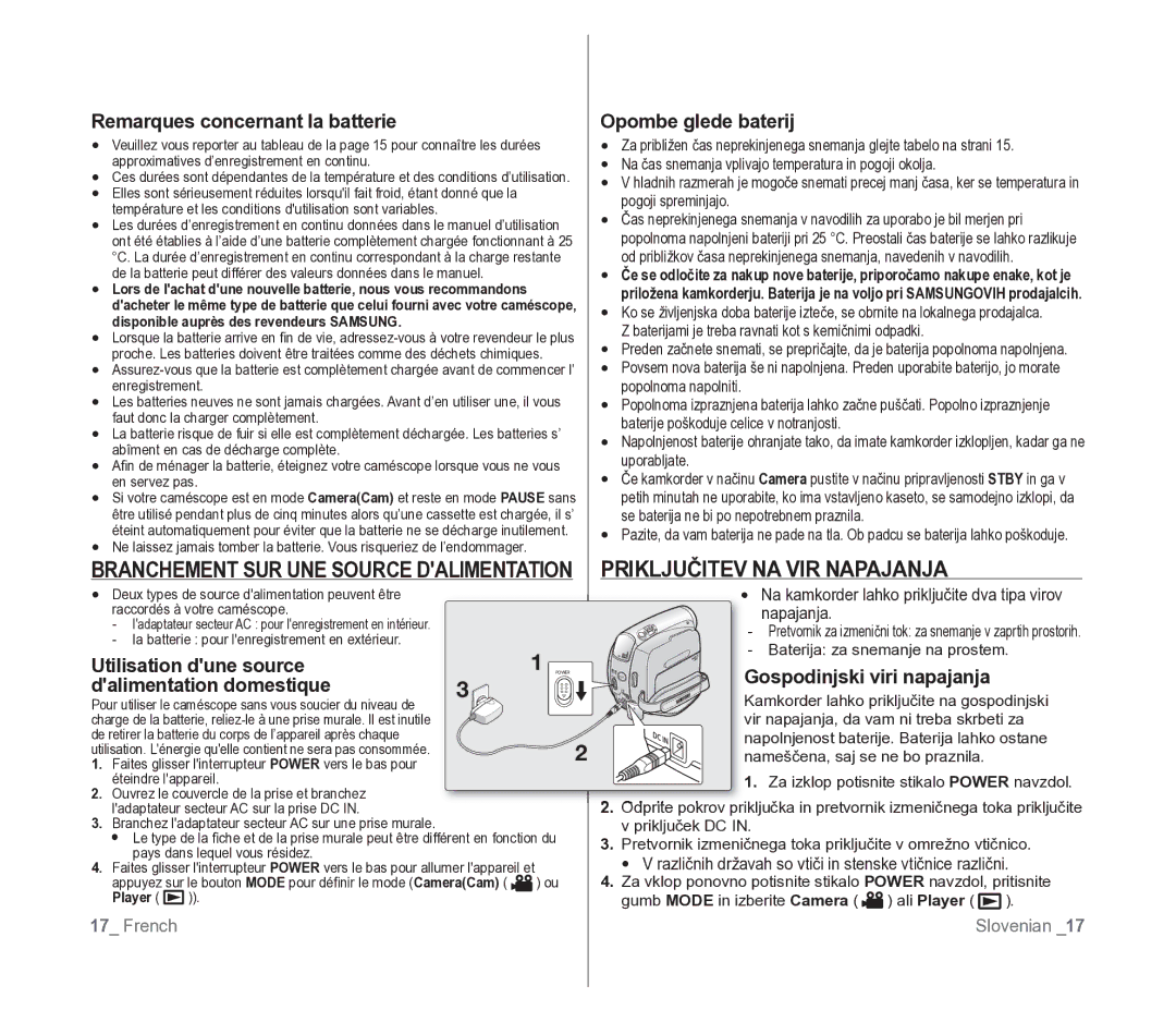 Samsung VP-D391/EDC, VP-D391/XEF manual Priključitev NA VIR Napajanja, Branchement SUR UNE Source Dalimentation 