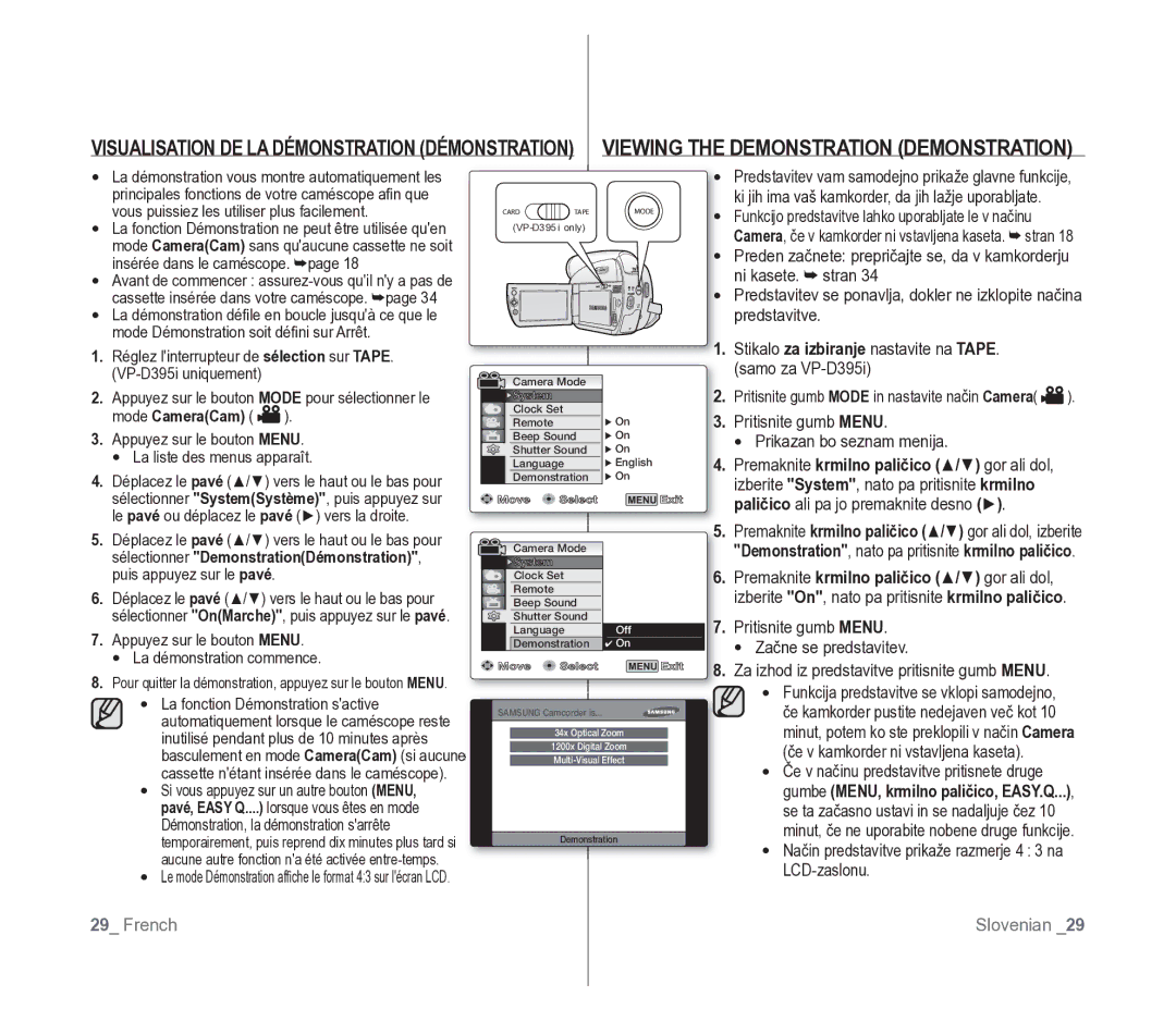 Samsung VP-D391/EDC, VP-D391/XEF manual Sélectionner DemonstrationDémonstration 