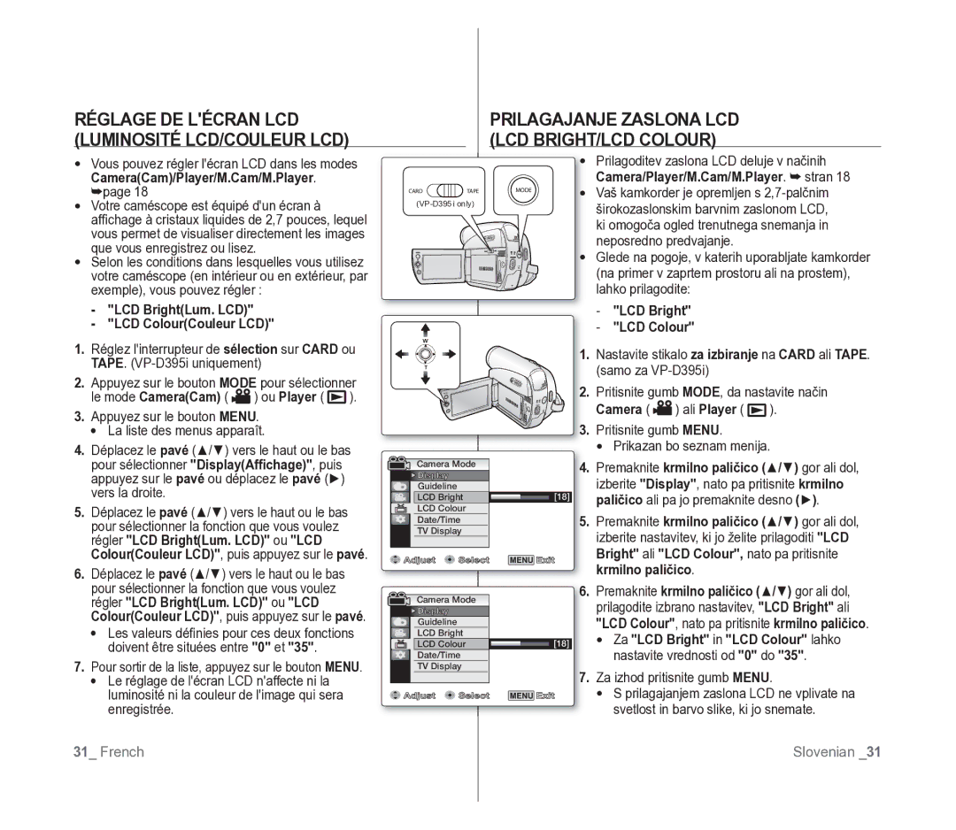 Samsung VP-D391/EDC manual Prilagajanje Zaslona LCD LCD BRIGHT/LCD Colour, Réglage DE Lécran LCD Luminosité LCD/COULEUR LCD 