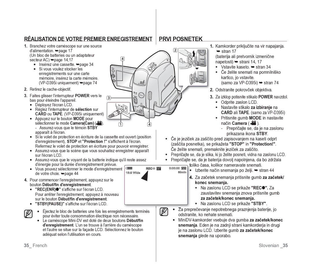 Samsung VP-D391/EDC, VP-D391/XEF manual Prvi Posnetek, Konec snemanja, Sur le bouton Début/ﬁn denregistrement 