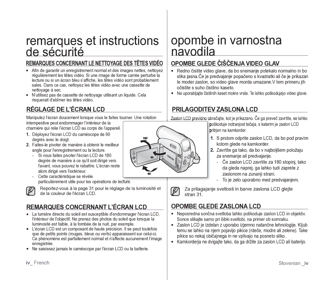 Samsung VP-D391/XEF, VP-D391/EDC manual Remarques et instructions de sécurité, Opombe in varnostna navodila 