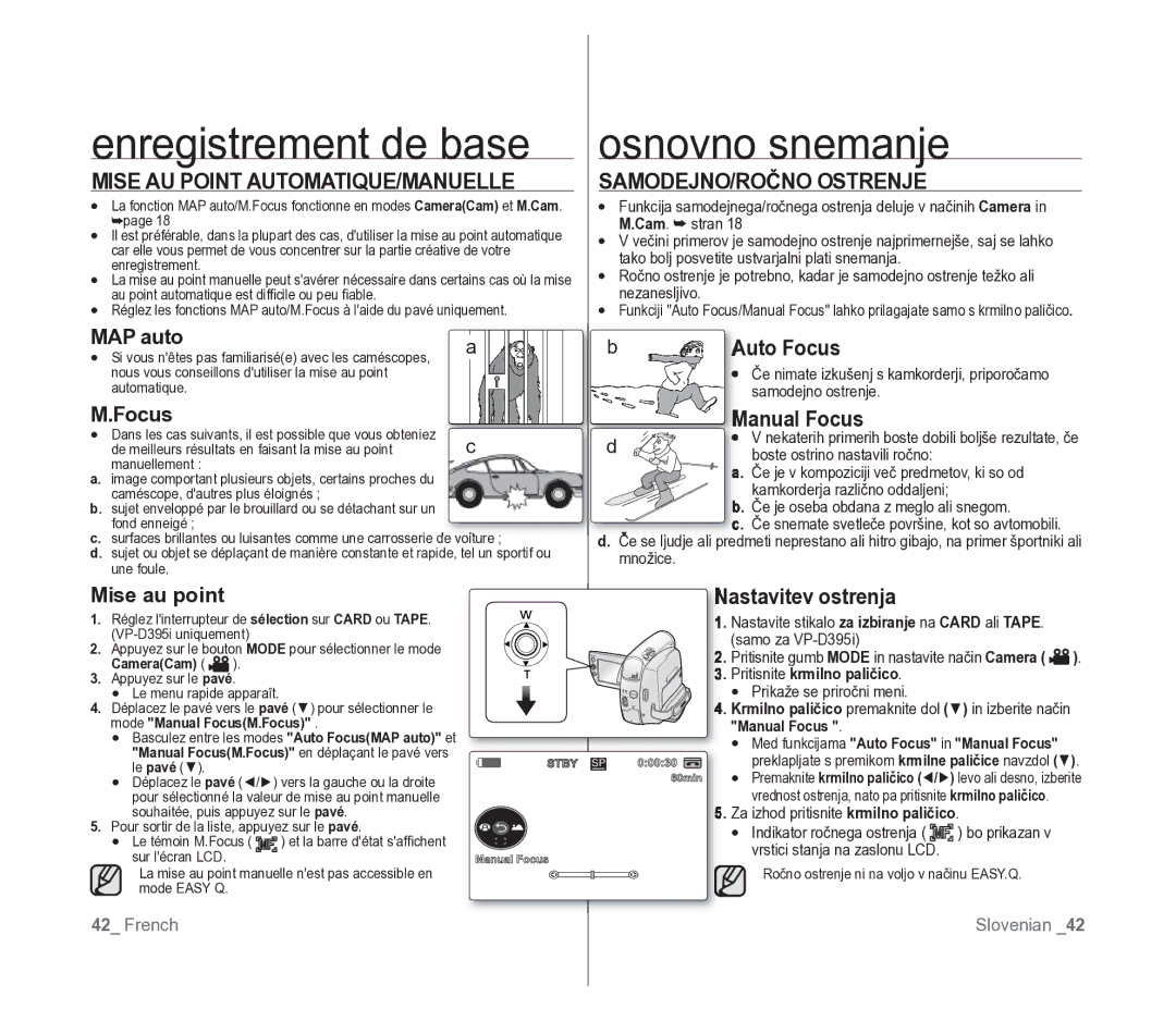 Samsung VP-D391/XEF, VP-D391/EDC Mise AU Point AUTOMATIQUE/MANUELLE, SAMODEJNO/ROČNO Ostrenje, Auto Focus, Manual Focus 