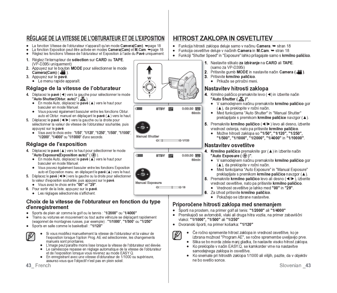 Samsung VP-D391/EDC, VP-D391/XEF manual Hitrost Zaklopa in Osvetlitev, Nastavitev hitrosti zaklopa, Nastavitev osvetlitve 