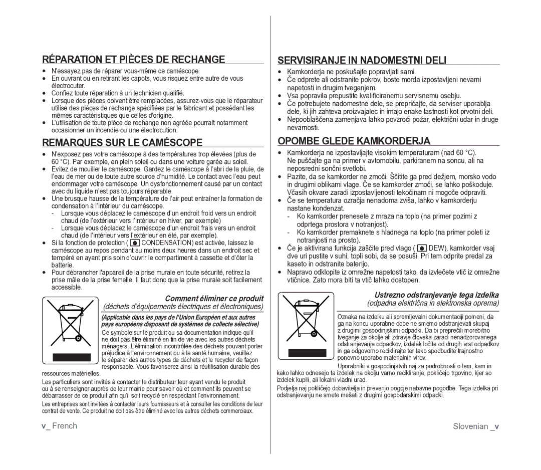 Samsung VP-D391/EDC manual Réparation ET Pièces DE Rechange, Remarques SUR LE Caméscope, Servisiranje in Nadomestni Deli 