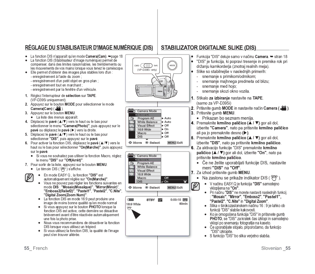 Samsung VP-D391/EDC, VP-D391/XEF manual Meni DIS na Off 