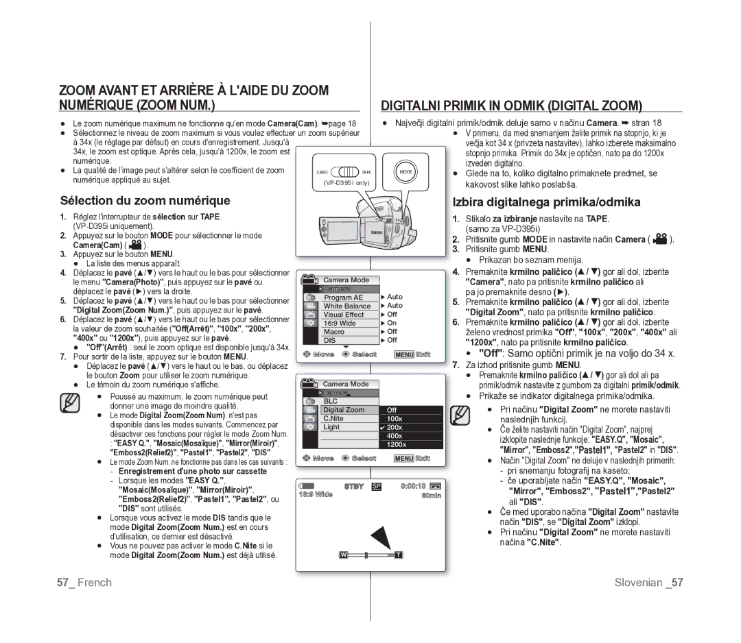 Samsung VP-D391/EDC, VP-D391/XEF manual Camera , nato pa pritisnite krmilno paličico ali, Premaknite krmilno paličico 