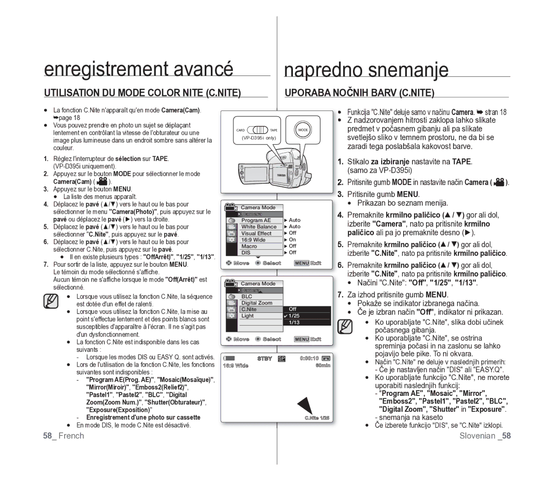 Samsung VP-D391/XEF, VP-D391/EDC manual Uporaba Nočnih Barv C.NITE, Utilisation DU Mode Color Nite C.NITE 