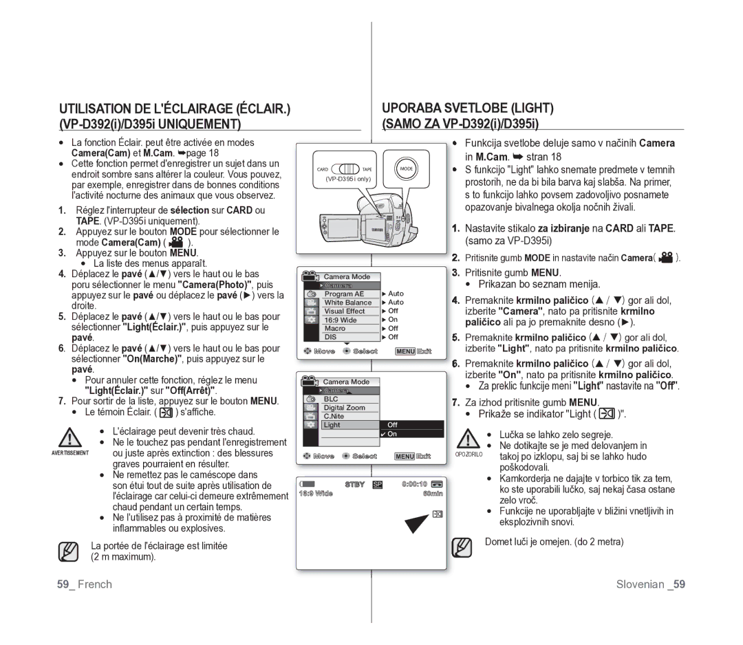 Samsung VP-D391/EDC, VP-D391/XEF manual Uporaba Svetlobe Light, VP-D392i/D395i Uniquement Samo ZA VP-D392i/D395i, Pavé 