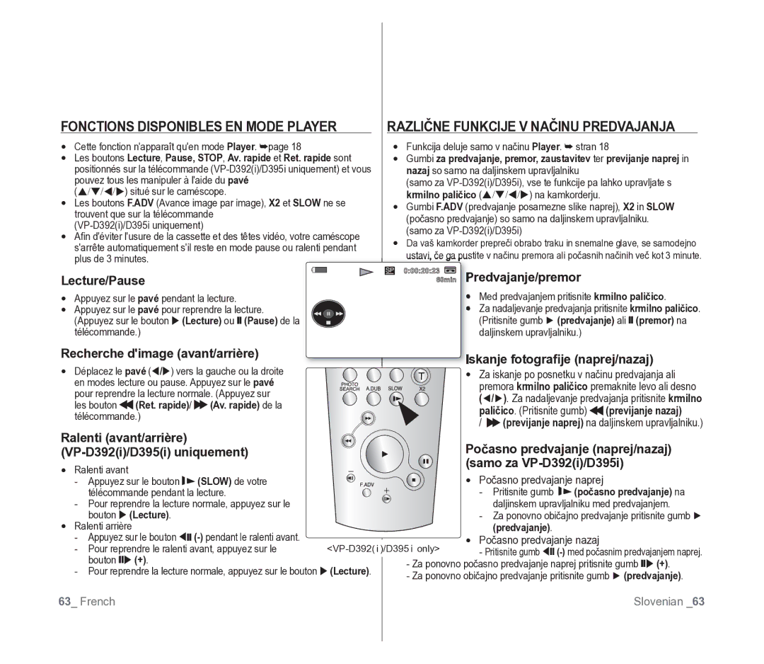 Samsung VP-D391/EDC, VP-D391/XEF manual Fonctions Disponibles EN Mode Player, Različne Funkcije V Načinu Predvajanja 