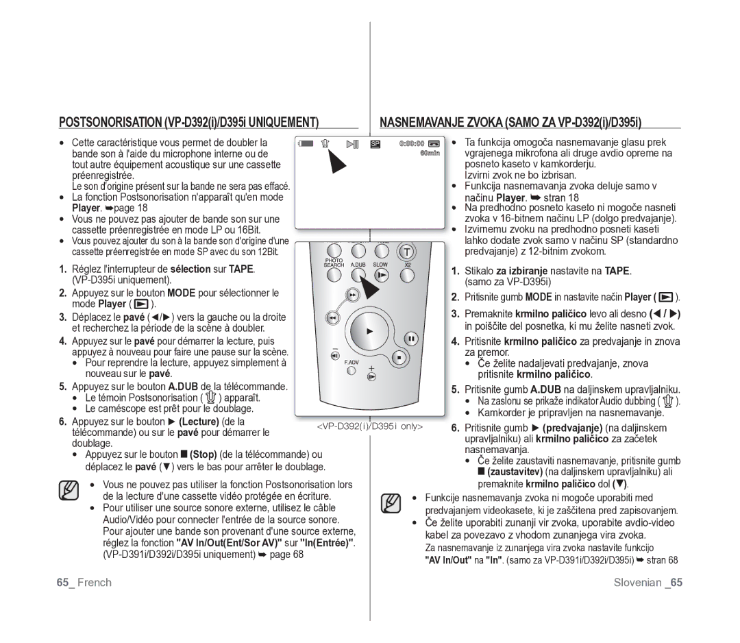 Samsung VP-D391/EDC, VP-D391/XEF manual Nasnemavanje Zvoka Samo ZA VP-D392i/D395i, Premaknite krmilno paličico dol 