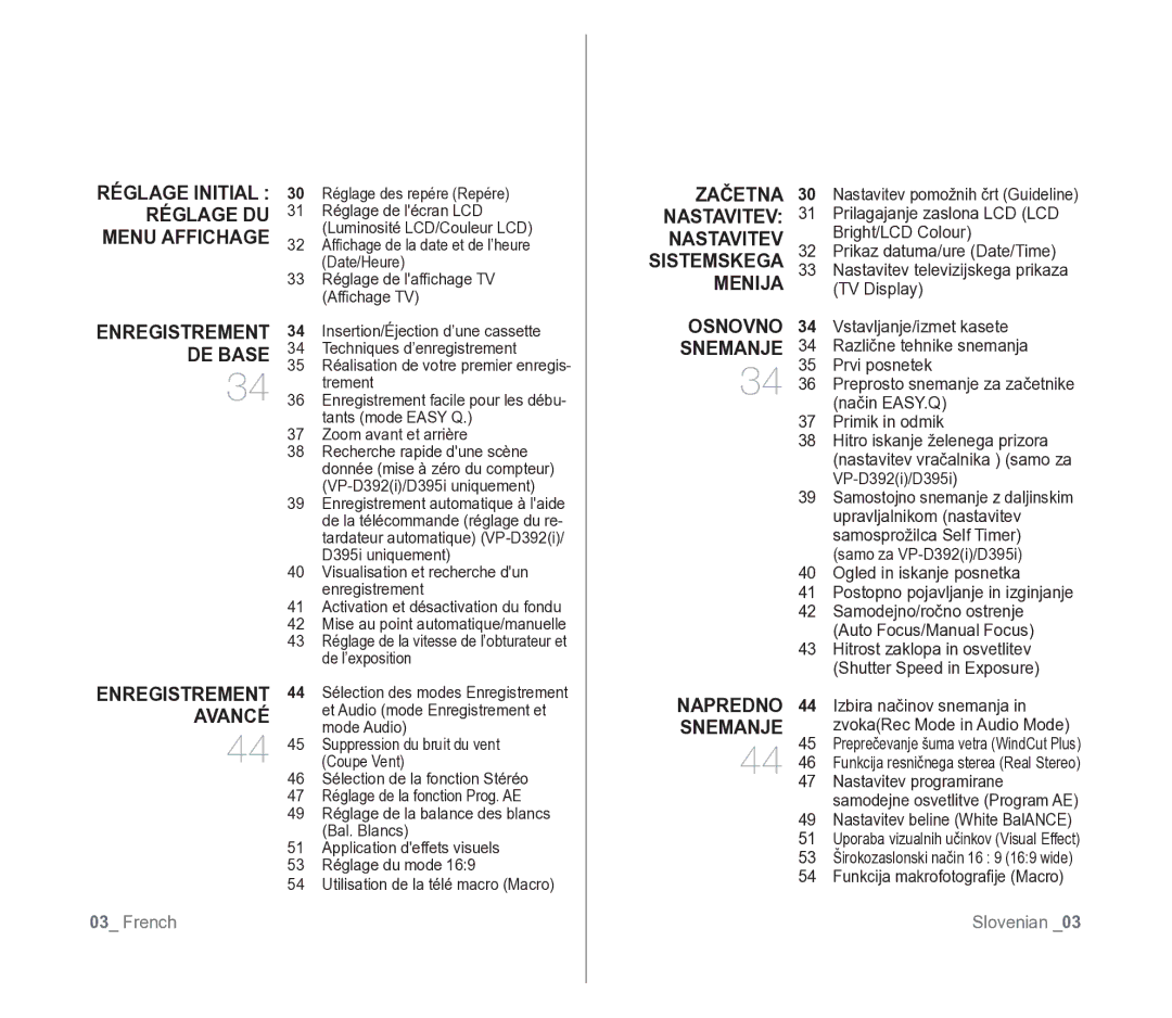 Samsung VP-D391/EDC, VP-D391/XEF manual Réglage Initial Réglage DU Menu Affichage, Enregistrement, DE Base, Avancé 