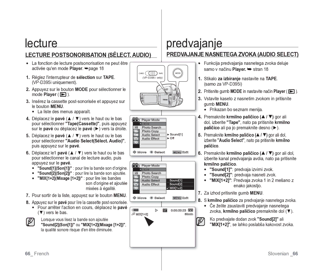 Samsung VP-D391/XEF, VP-D391/EDC manual Predvajanje Nasnetega Zvoka Audio Select 