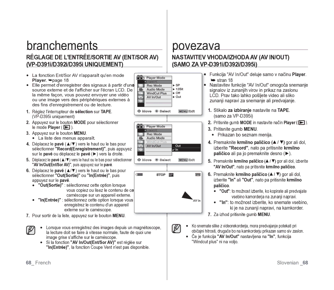 Samsung VP-D391/XEF, VP-D391/EDC manual Branchements, Povezava, Sélectionner OutSortie ou InEntrée , puis 