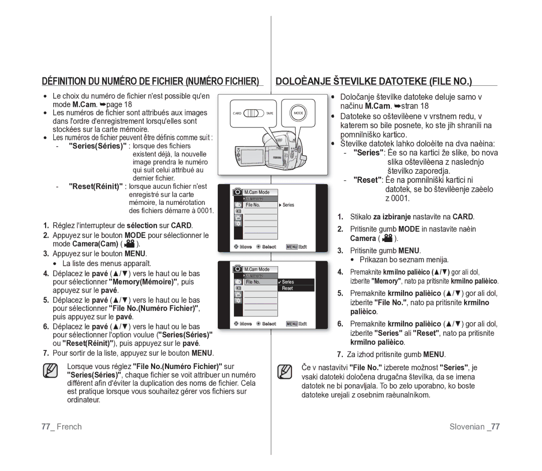 Samsung VP-D391/EDC, VP-D391/XEF manual Pour sélectionner File No.Numéro Fichier Palièico, Krmilno palièico 