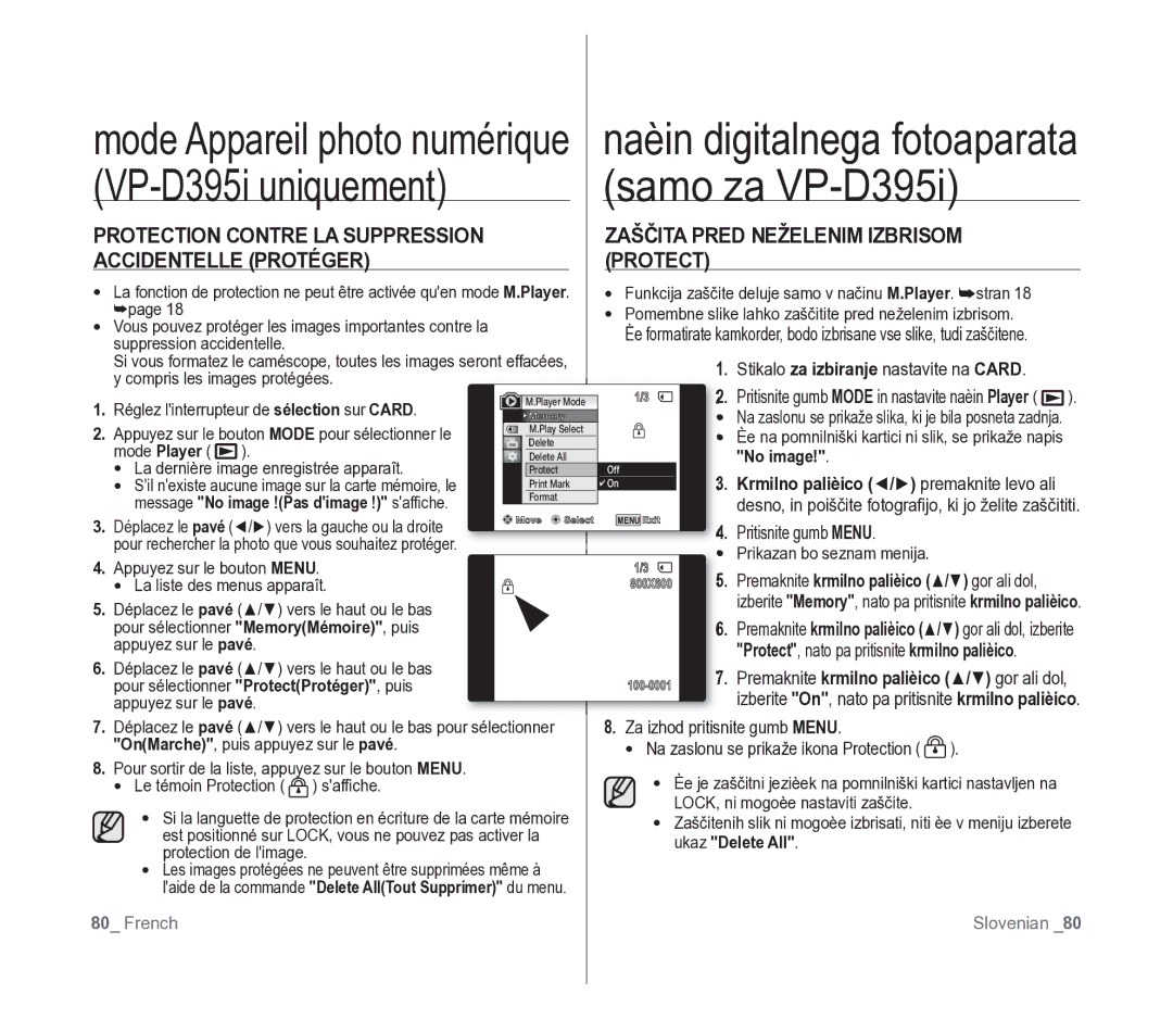 Samsung VP-D391/XEF, VP-D391/EDC manual Protect, Message No image !Pas dimage ! safﬁche, Ukaz Delete All 