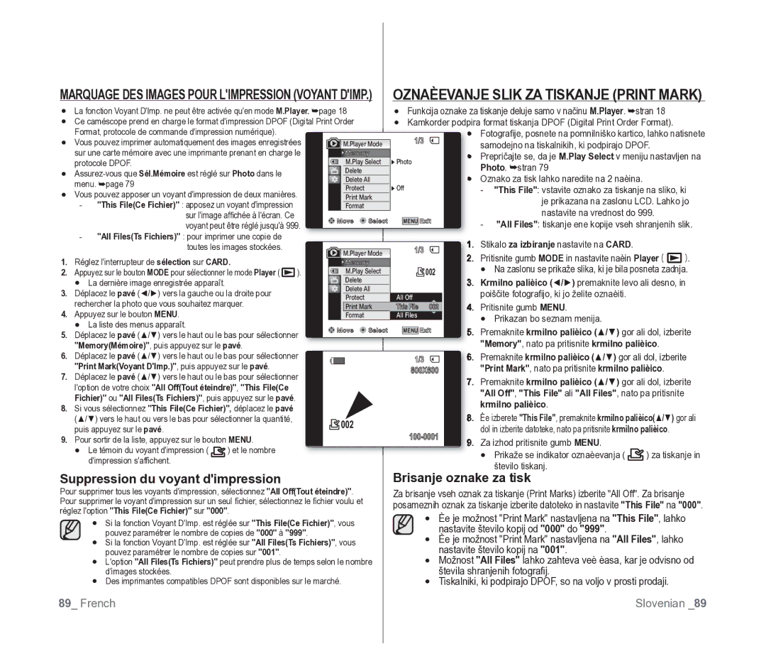 Samsung VP-D391/EDC Oznaèevanje Slik ZA Tiskanje Print Mark, Suppression du voyant dimpression, Brisanje oznake za tisk 