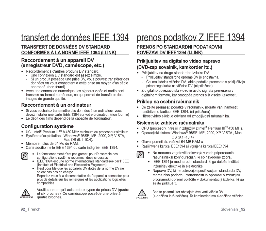 Samsung VP-D391/XEF, VP-D391/EDC manual Prenos podatkov Z Ieee, Raccordement à un ordinateur, Conﬁguration système 