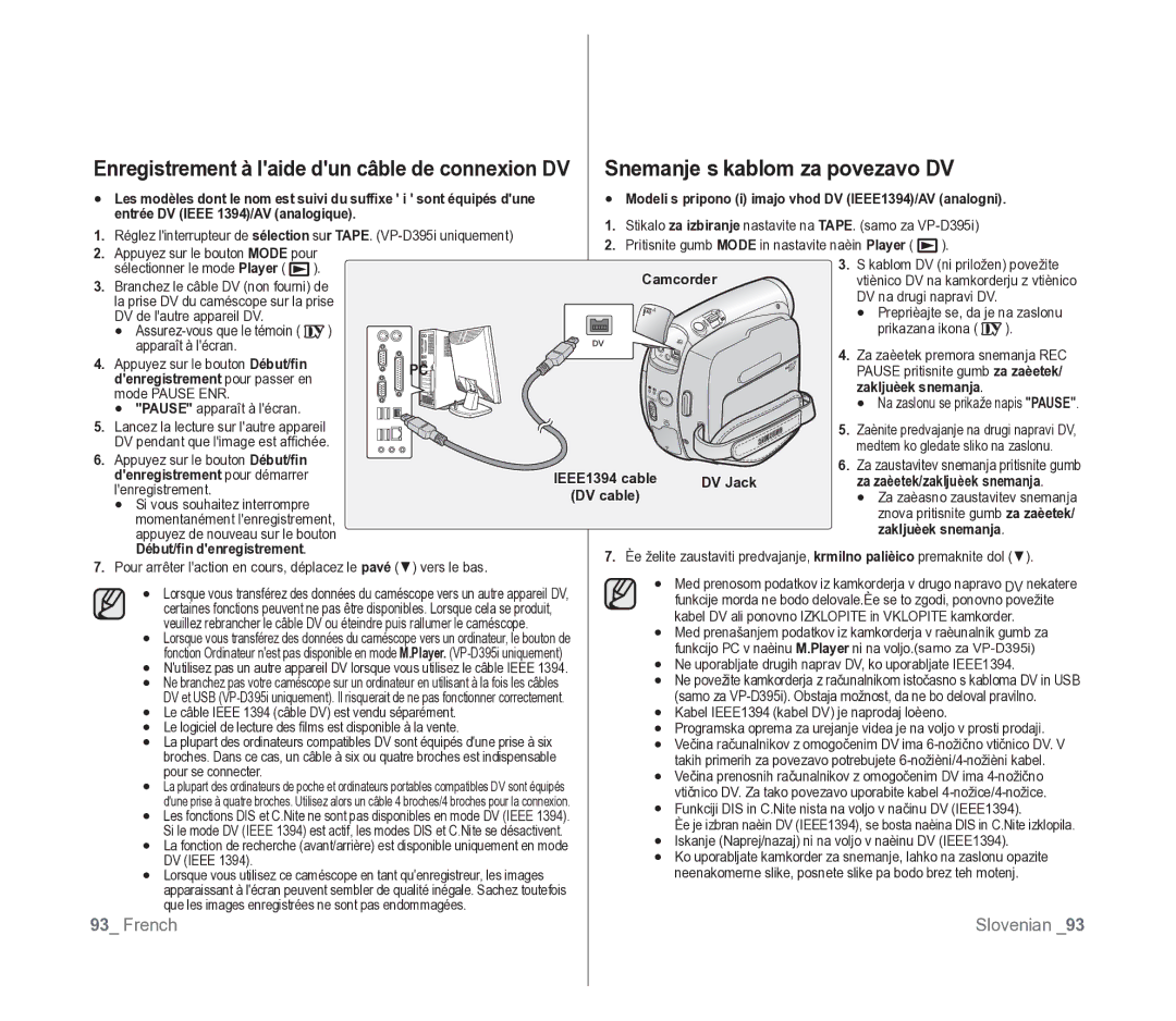 Samsung VP-D391/EDC Snemanje s kablom za povezavo DV, Modeli s pripono i imajo vhod DV IEEE1394/AV analogni, DV cable 