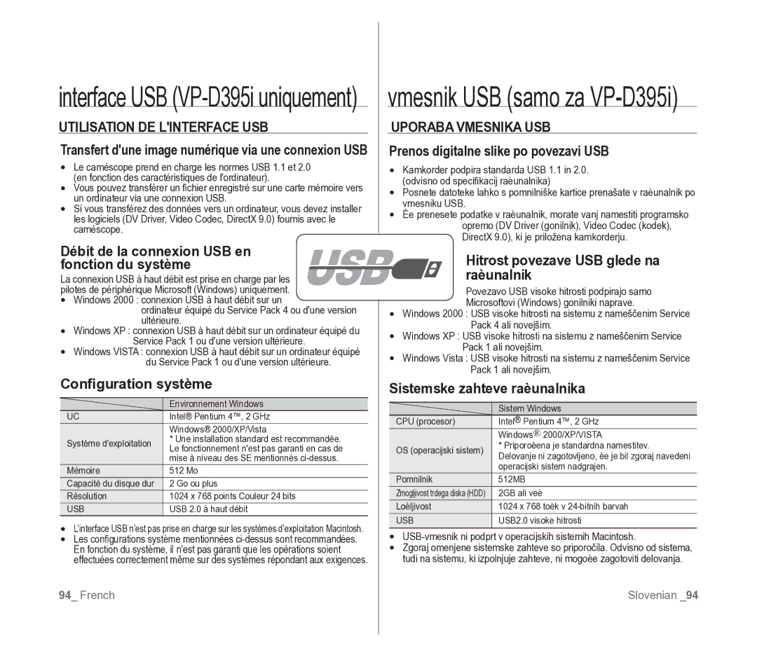 Samsung VP-D391/XEF, VP-D391/EDC manual Utilisation DE Linterface USB, Uporaba Vmesnika USB 