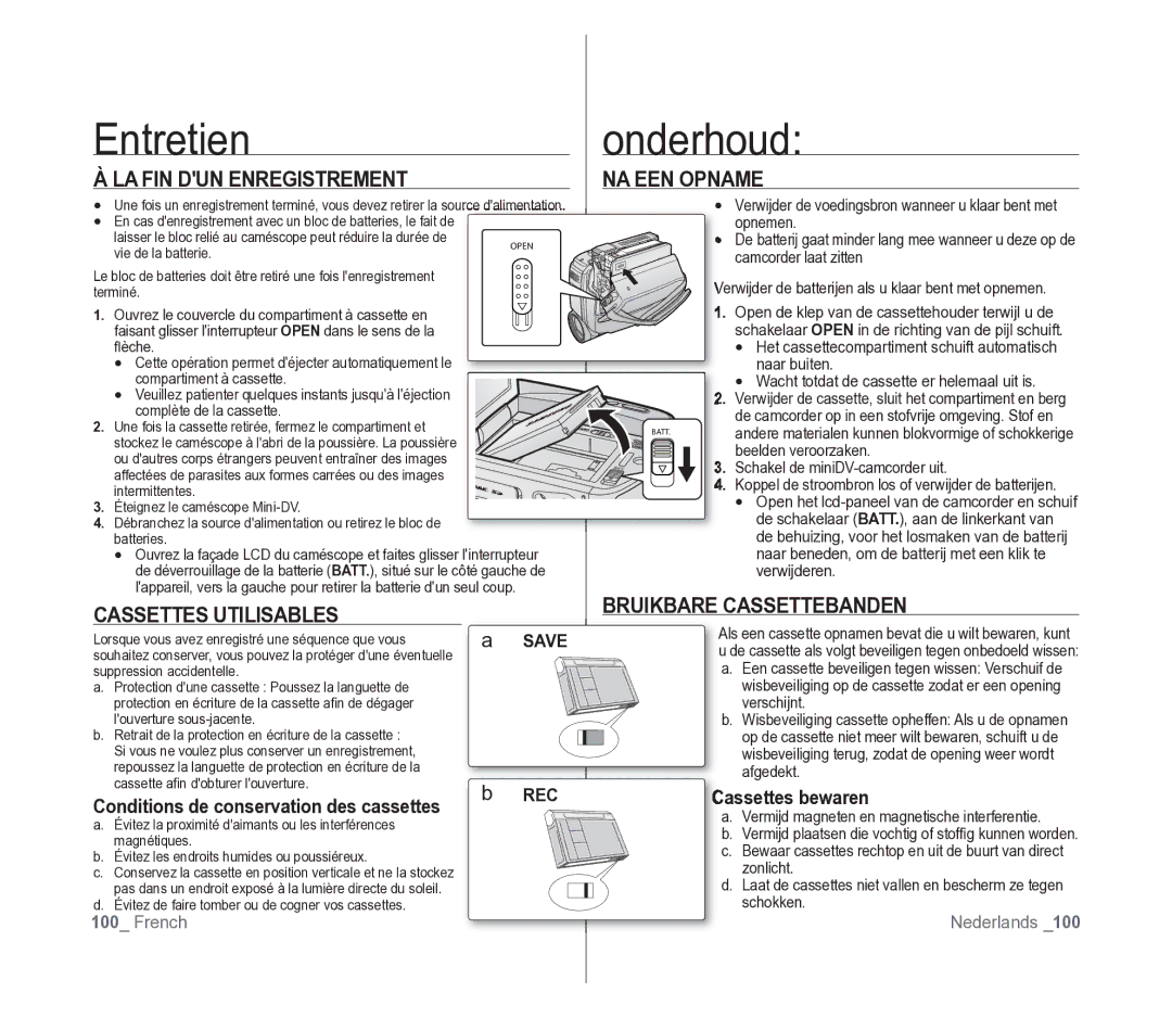 Samsung VP-D391/XEF, VP-D391/EDC Entretien, LA FIN DUN Enregistrement, Cassettes Utilisables, Bruikbare Cassettebanden 