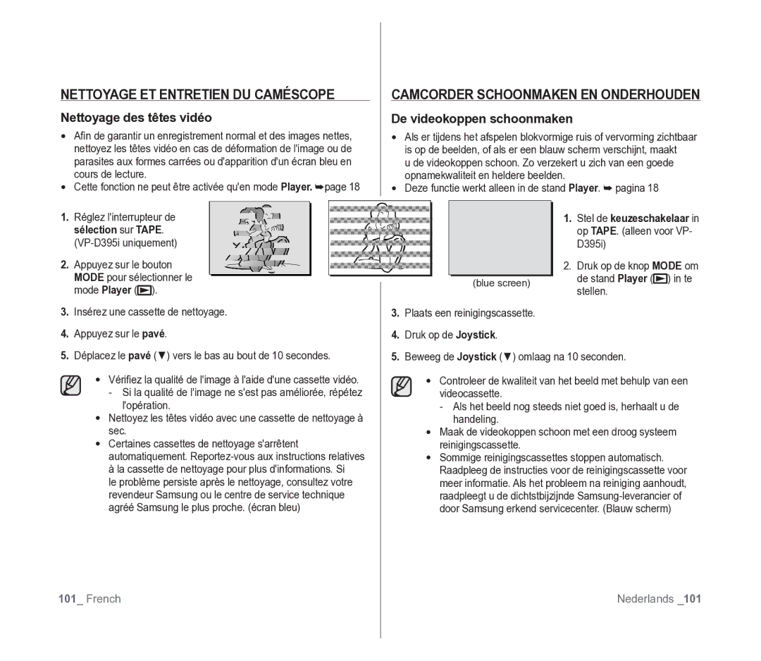 Samsung VP-D391/EDC Nettoyage ET Entretien DU Caméscope, Camcorder Schoonmaken EN Onderhouden, Nettoyage des têtes vidéo 