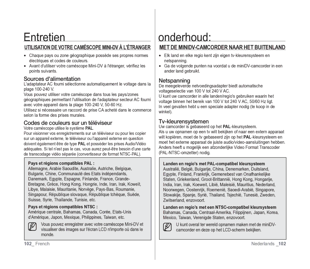 Samsung VP-D391/XEF, VP-D391/EDC Onderhoud, MET DE MINIDV-CAMCORDER Naar HET Buitenland, Pays et régions compatibles PAL 