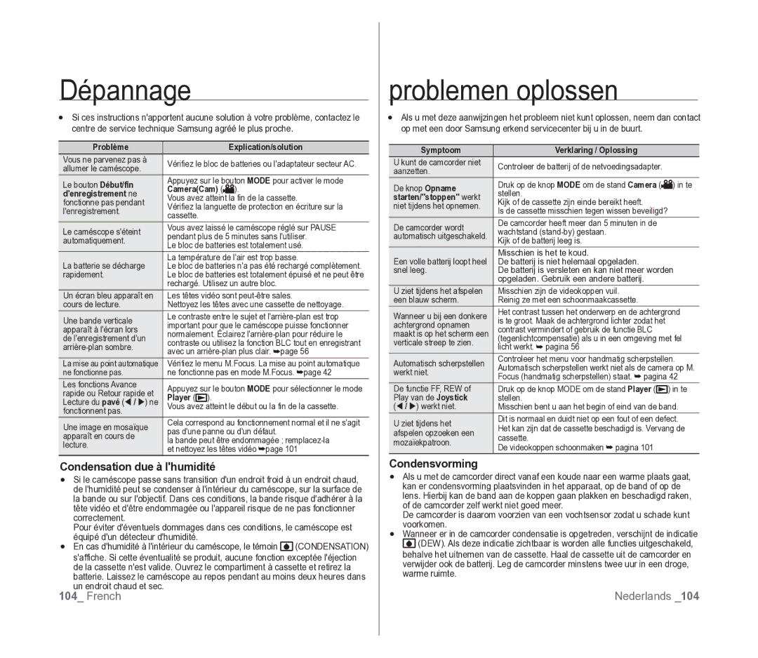 Samsung VP-D391/XEF, VP-D391/EDC manual Condensation due à lhumidité, Condensvorming 