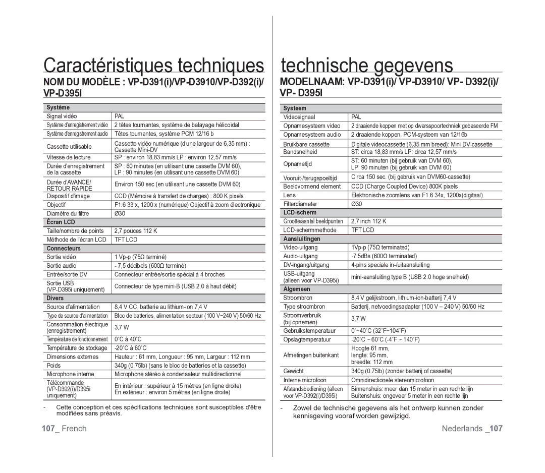 Samsung VP-D391/EDC, VP-D391/XEF manual Caractéristiques techniques technische gegevens, VP-D395I VP- D395I 