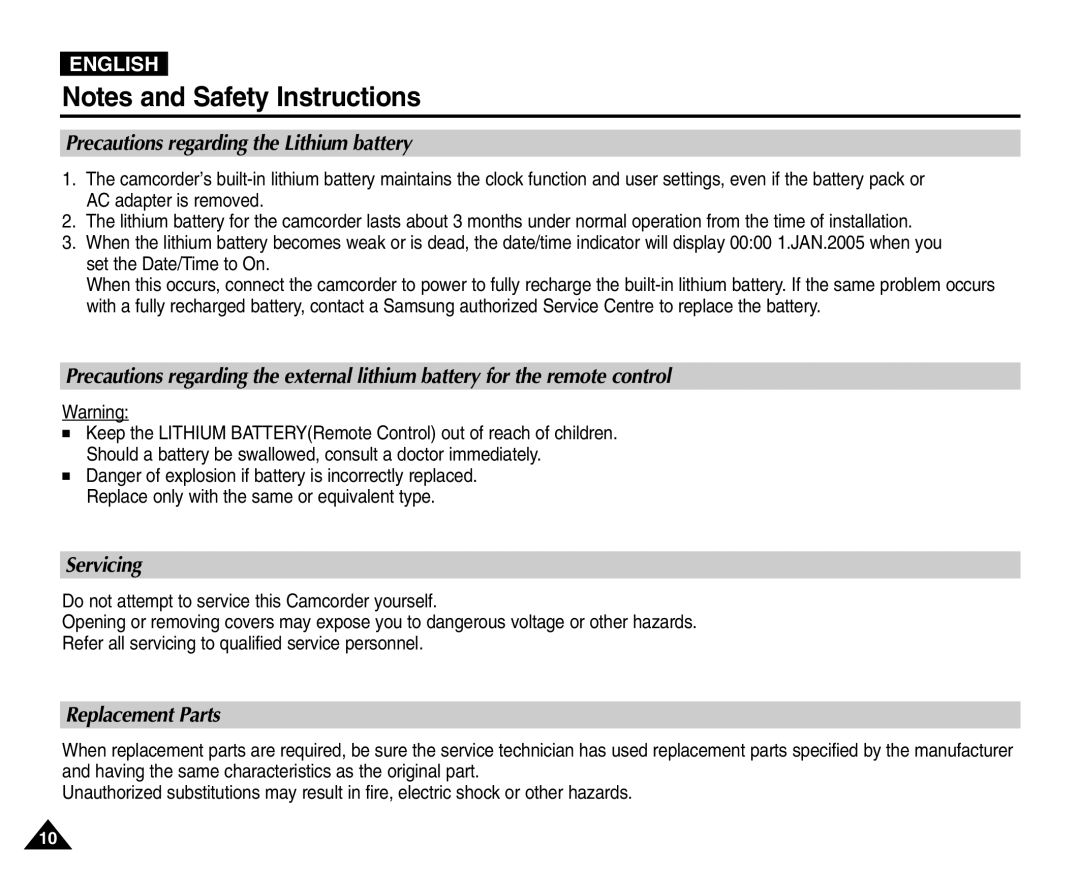 Samsung VP-D455(i), VP-D451(i), VP-D453(i) manual Precautions regarding the Lithium battery, Servicing, Replacement Parts 