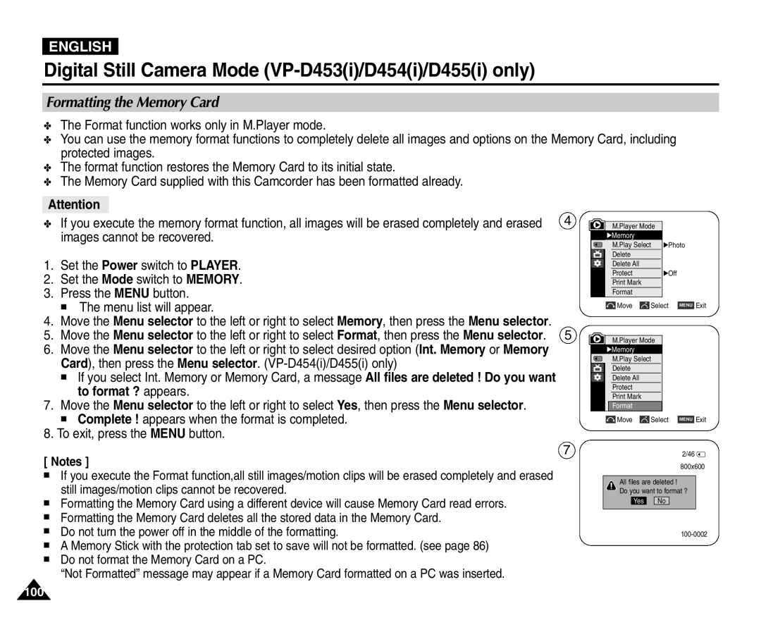 Samsung VP-D451(i), VP-D453(i), VP-D455(i), VP-D454(i) manual Formatting the Memory Card 