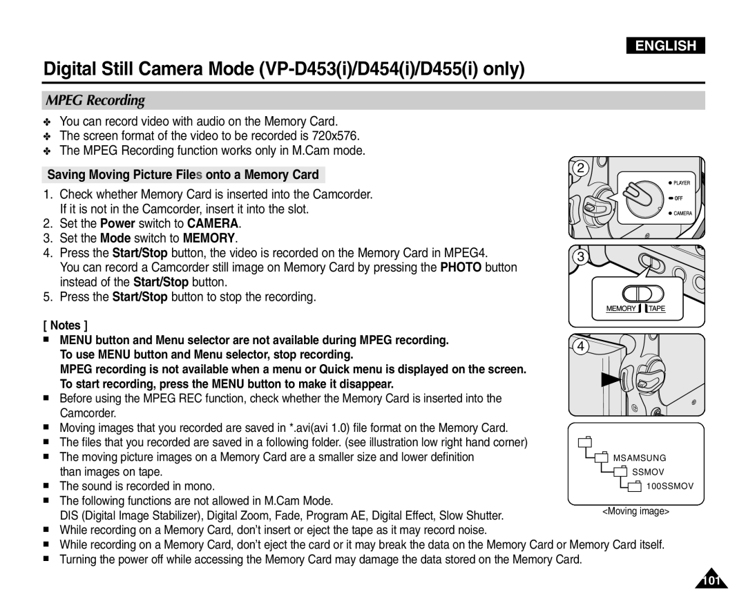 Samsung VP-D453(i), VP-D451(i), VP-D455(i), VP-D454(i) manual Mpeg Recording, Saving Moving Picture Files onto a Memory Card 