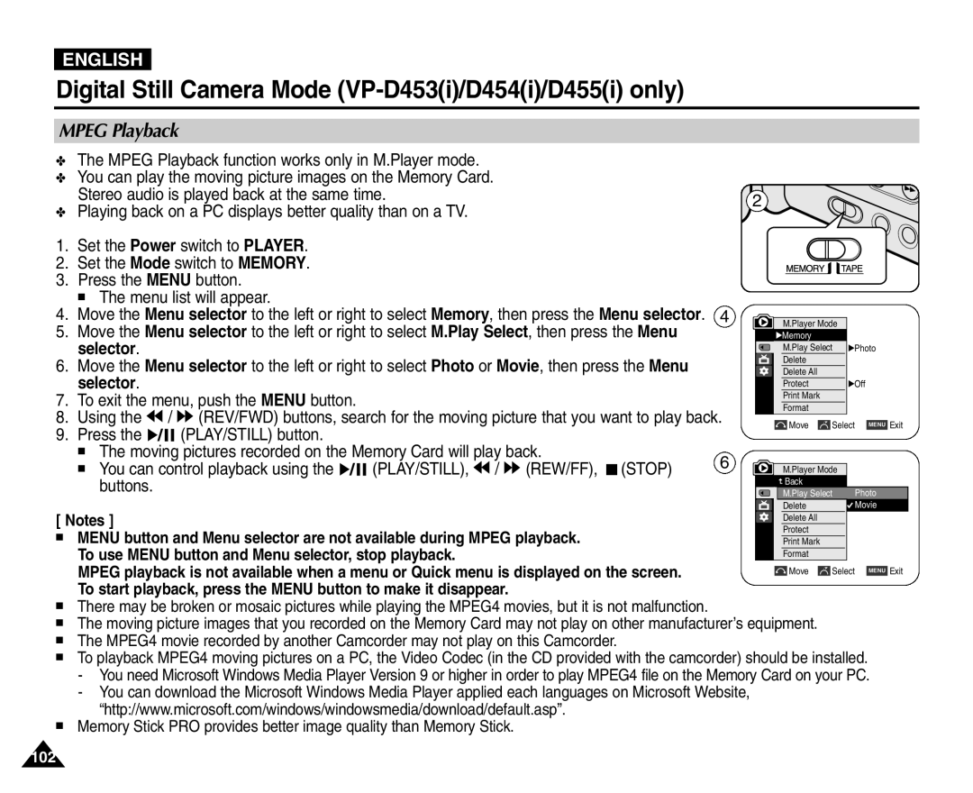 Samsung VP-D455(i), VP-D451(i), VP-D453(i), VP-D454(i) manual Mpeg Playback, Using, Buttons 