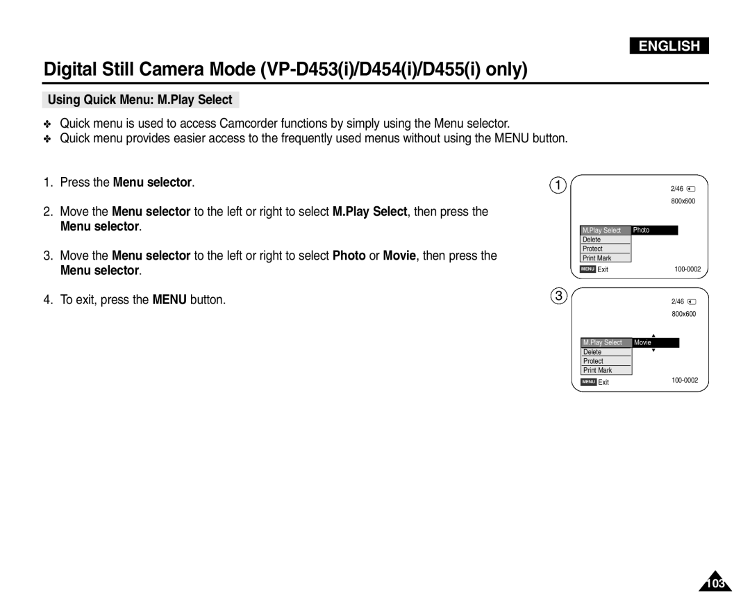 Samsung VP-D454(i), VP-D451(i), VP-D453(i), VP-D455(i) manual Using Quick Menu M.Play Select 