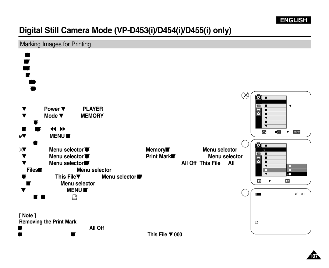 Samsung VP-D454(i), VP-D451(i), VP-D453(i), VP-D455(i) manual Marking Images for Printing 